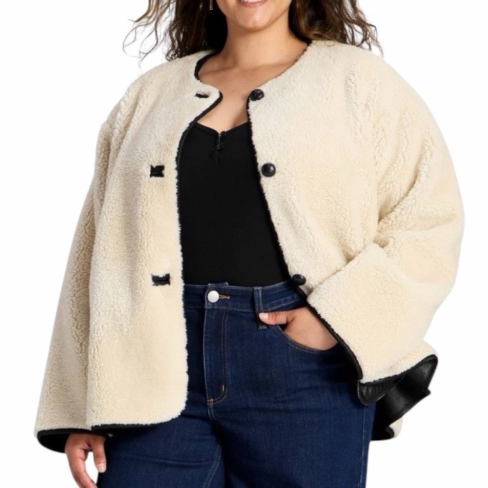 NEW Universal Thread Faux Shearling Teddy Coat Jacket Cream Black Trim XXL